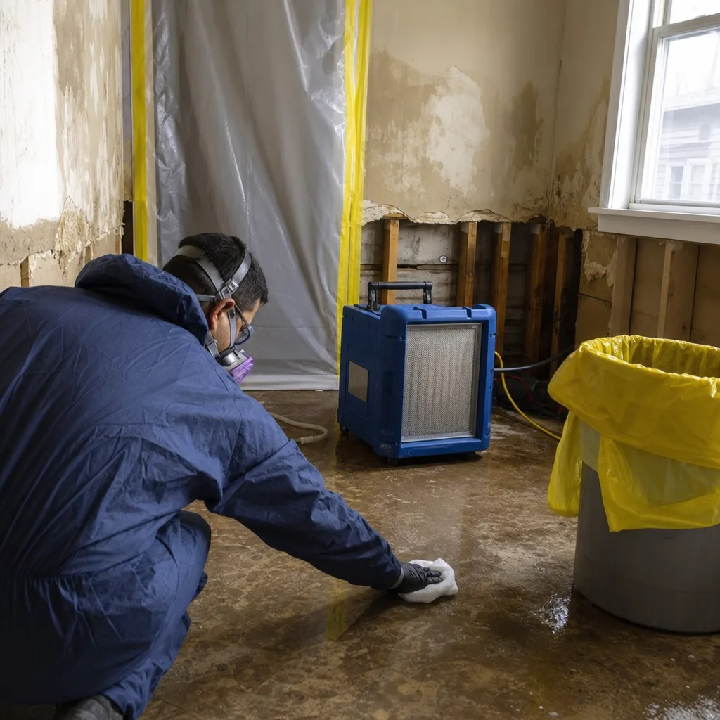 Professional biohazard cleanup technician wearing PPE in a damaged residential room in Union City, NJ