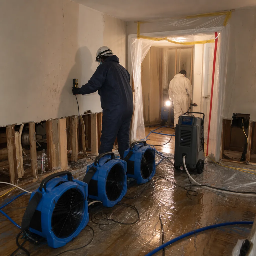 Technicians using drying equipment and moisture meters during water damage restoration in Union City, NJ