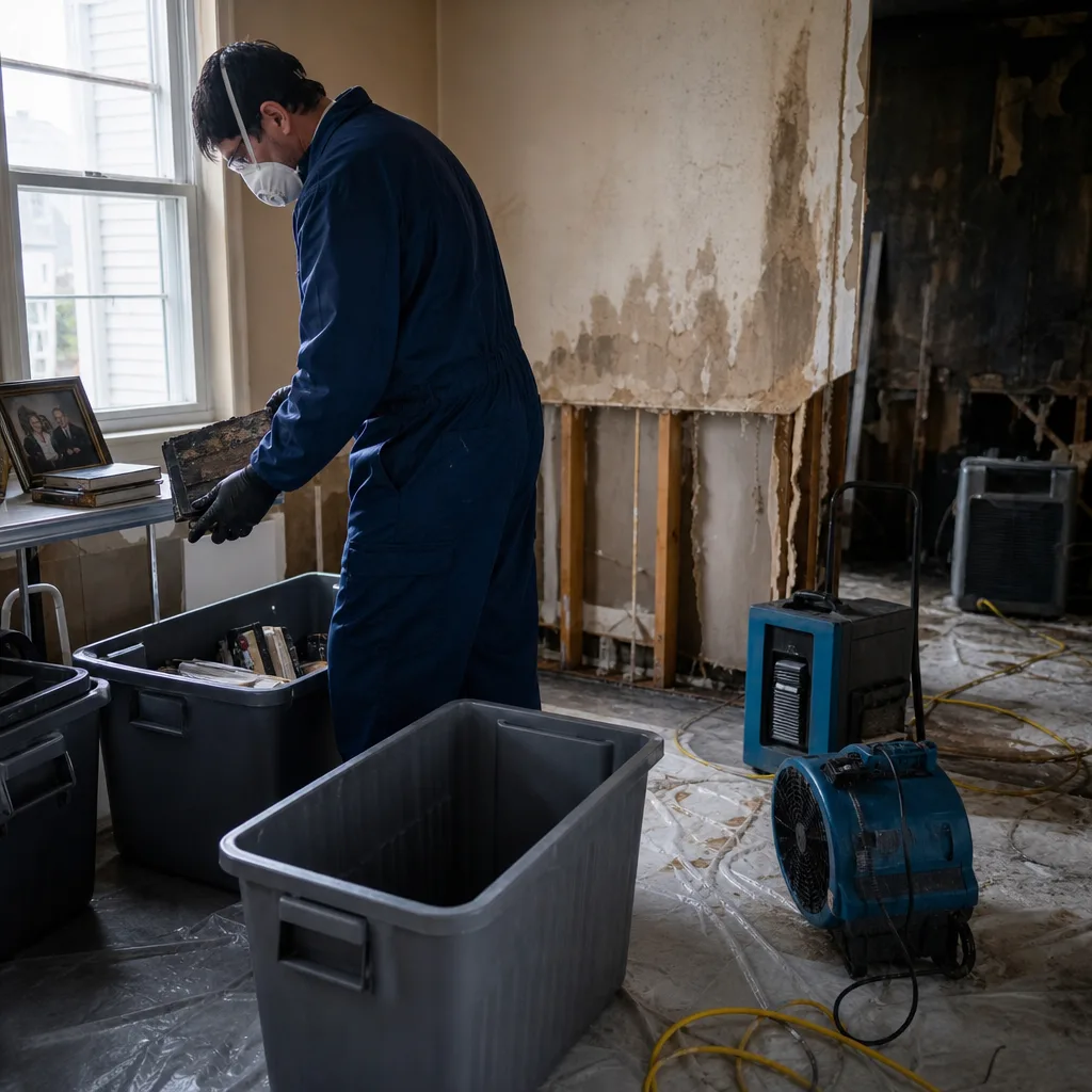 Restoration professional cleaning up debris in water damaged room in Upper East Side, NY