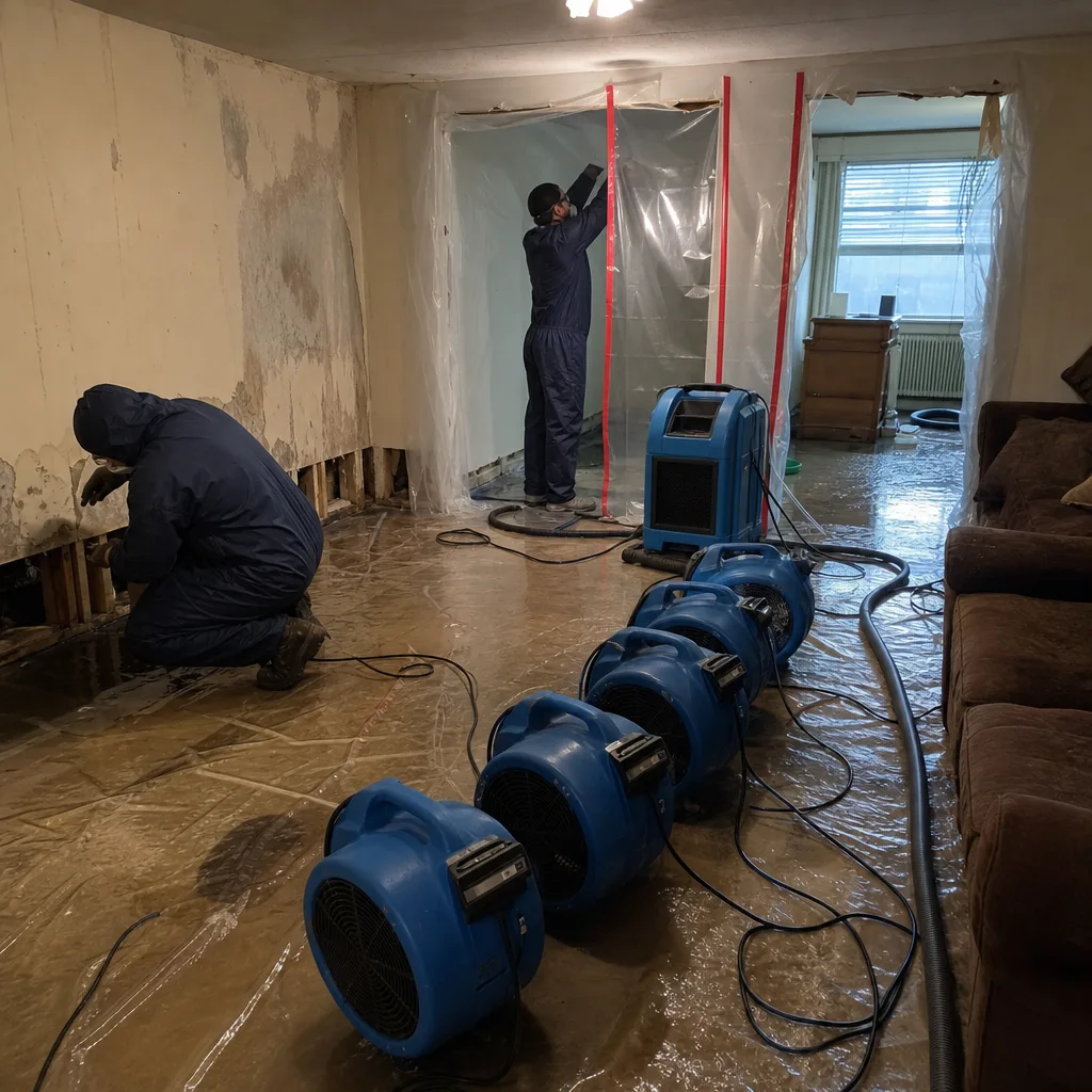 Restoration technicians using industrial air movers for flood cleanup and sanitization in Secaucus, NJ