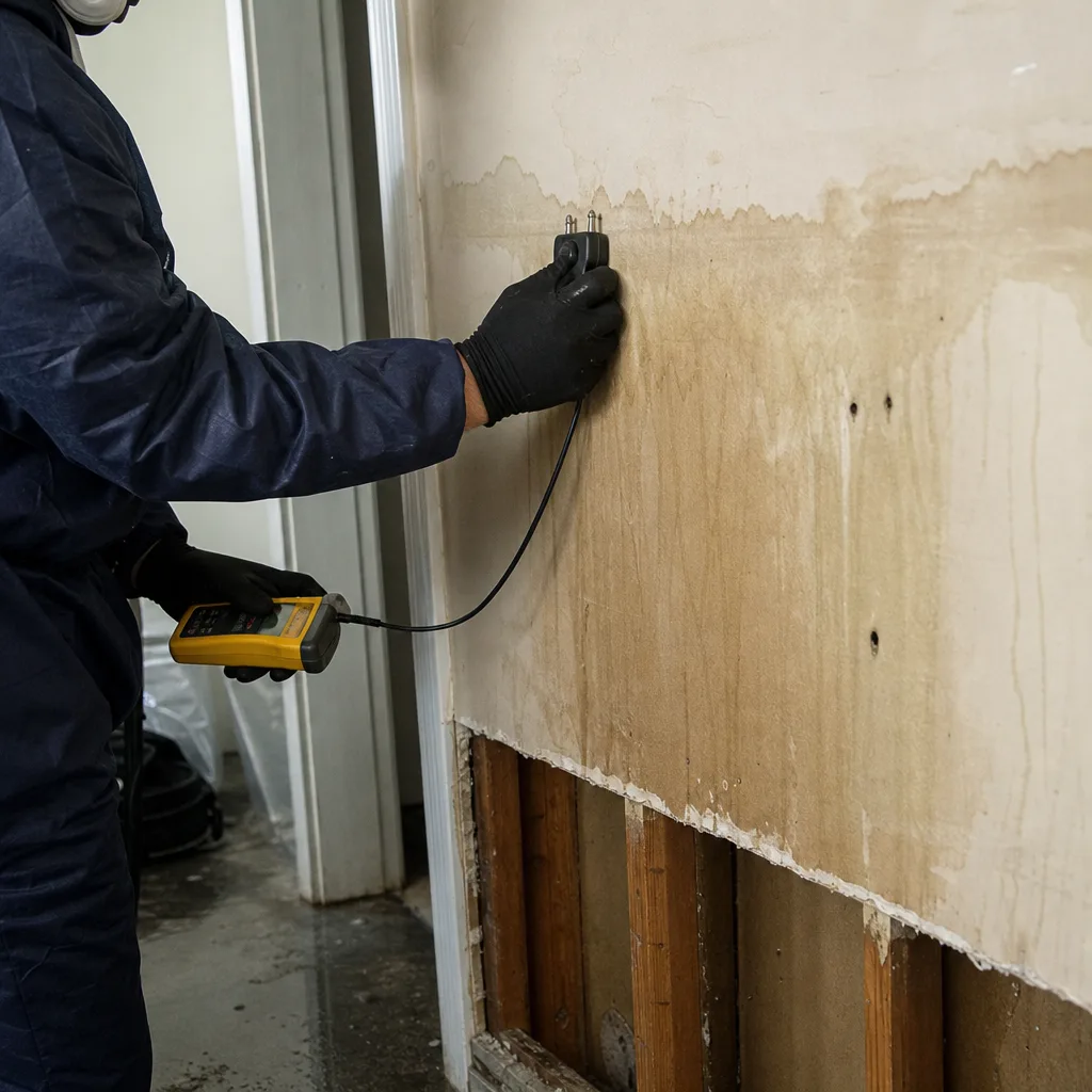 Professional using a moisture meter to inspect water damaged wall. in Secaucus, NJ