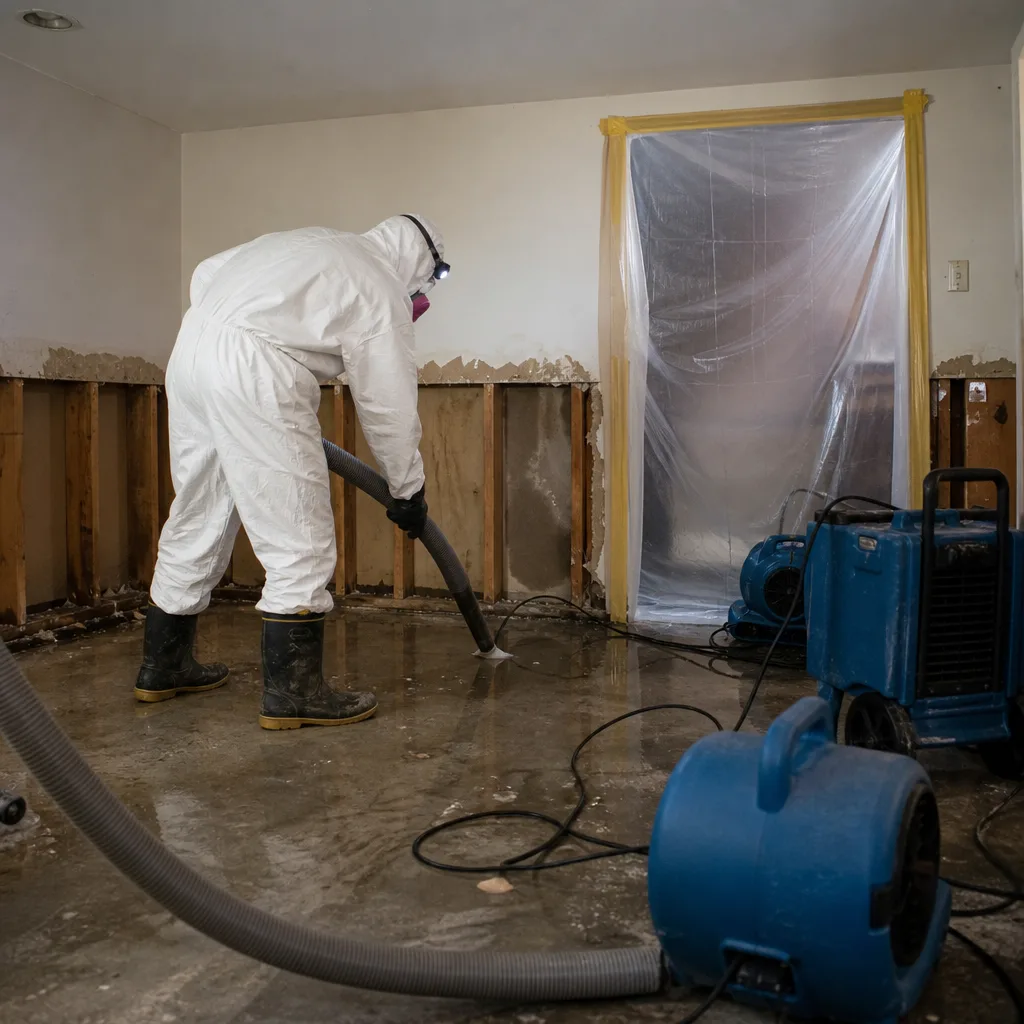 Technician in protective suit performing professional sewage water extraction and cleanup in Edgewater, NJ