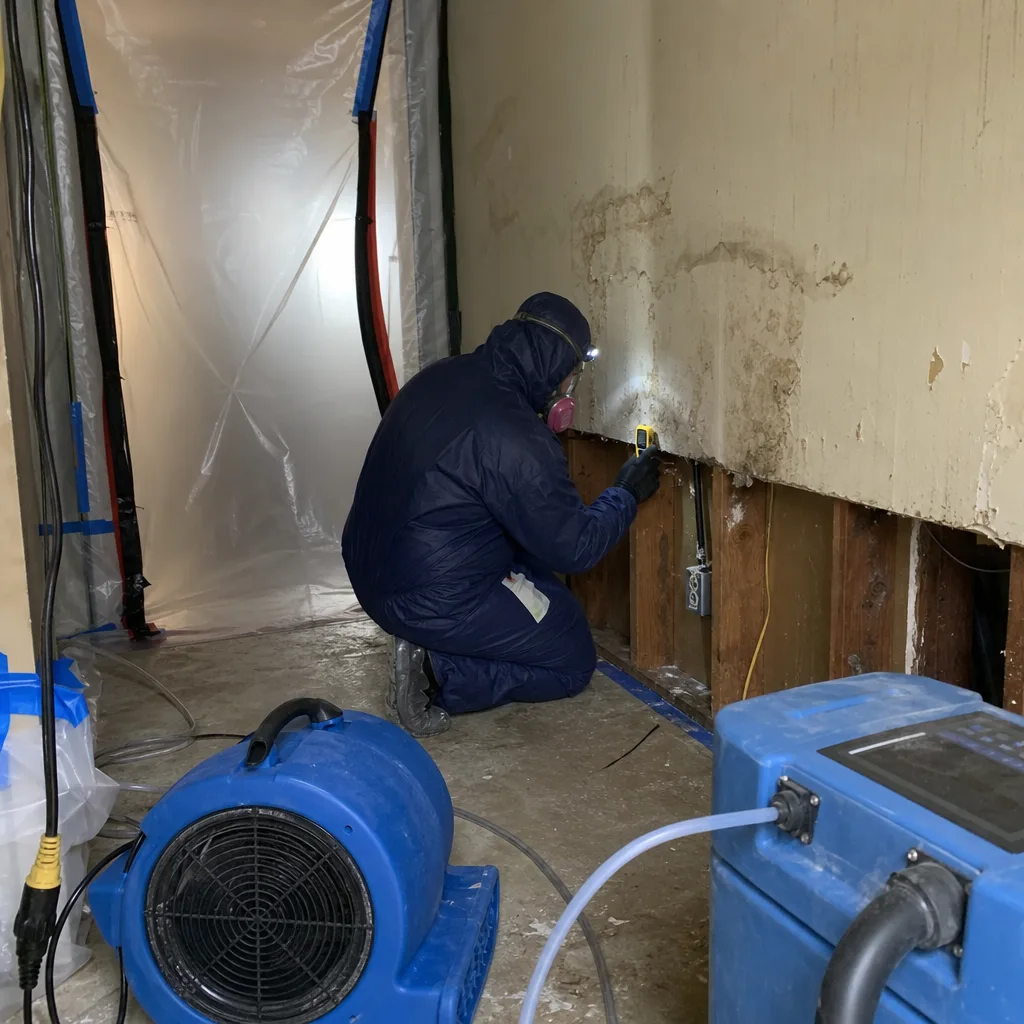 Professional restoration technician inspecting water-damaged wall with a moisture meter. in West New York, NJ