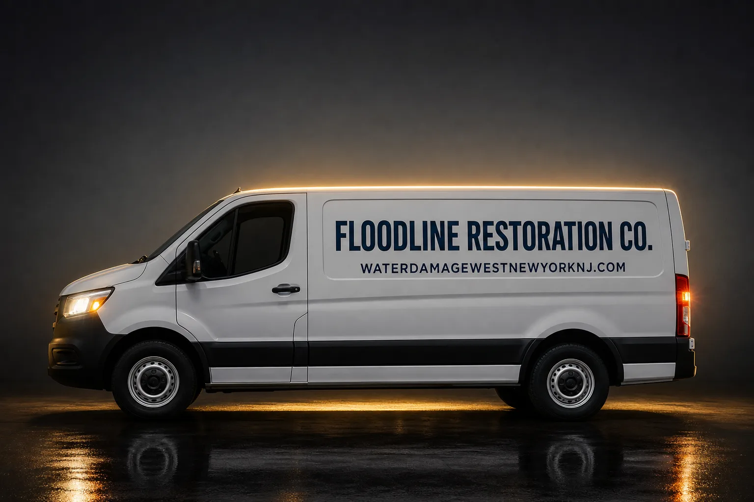 Floodline Restoration Co. damage restoration service vehicle and crew in West New York, NJ